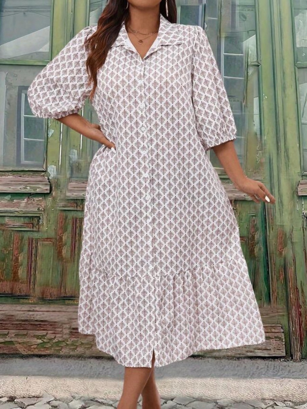 SHEIN White & Taupe Floral Button-Front Midi Dress